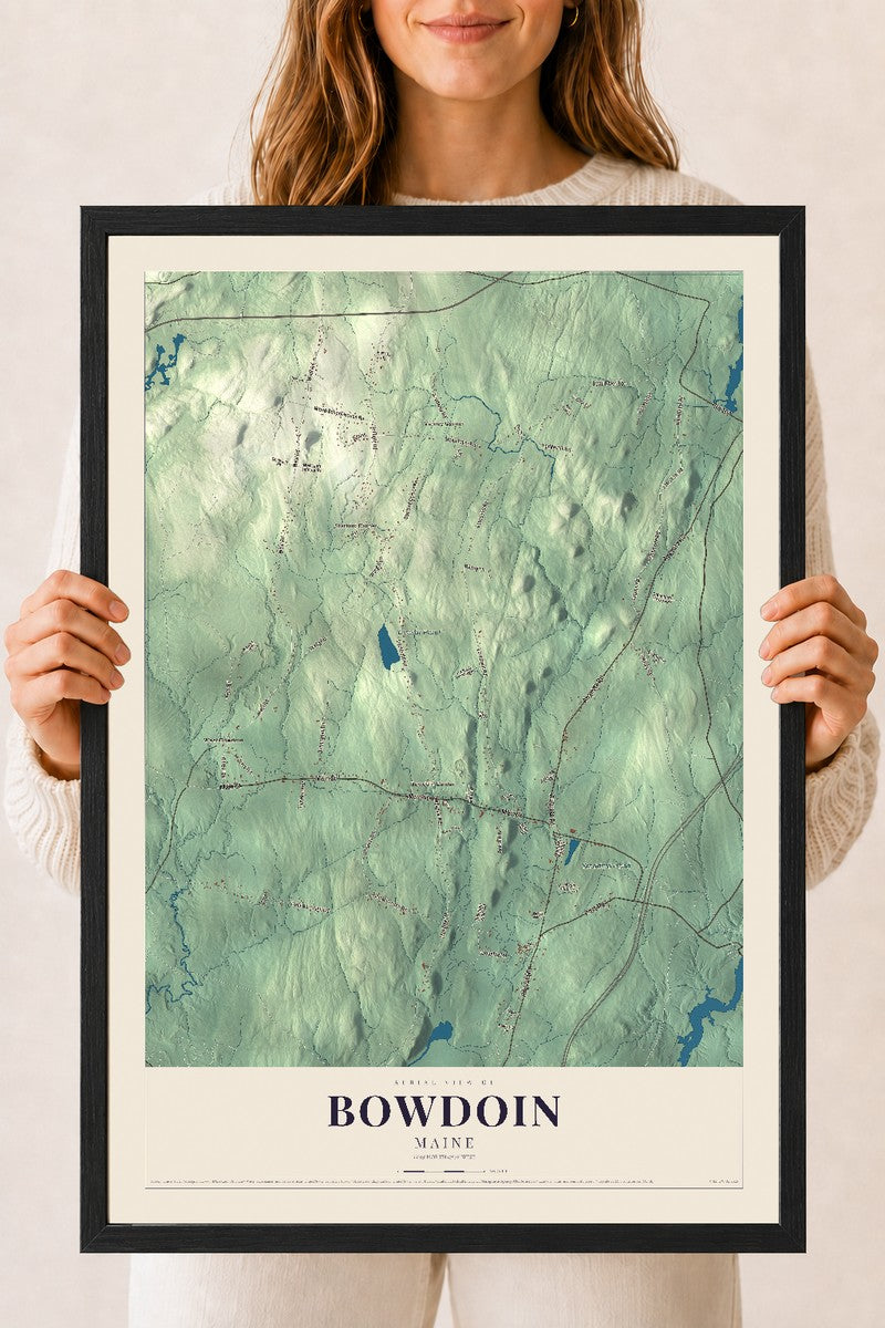 Bowdoin, Maine map print - 18 x 24 black Ayous wood frame