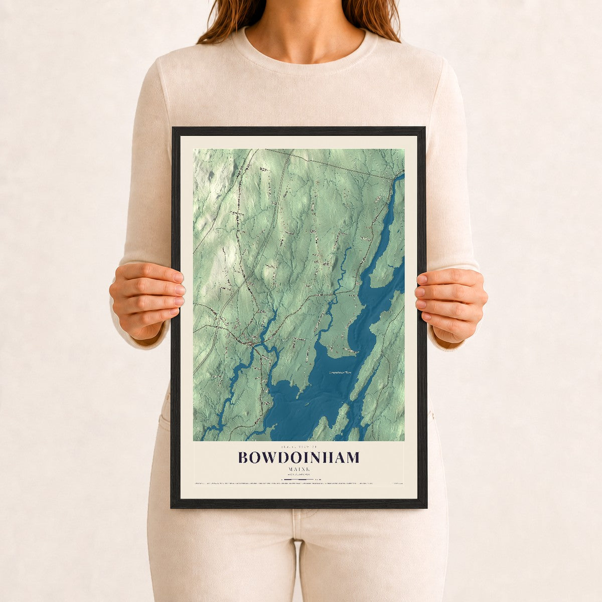 Bowdoinham, Maine map print - 12 x 18 black Ayous wood frame