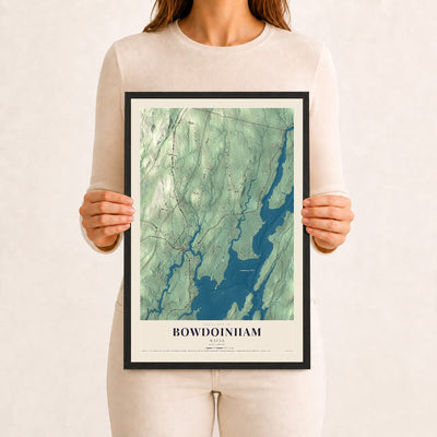 Bowdoinham, Maine map print - 12 x 18 black Ayous wood frame
