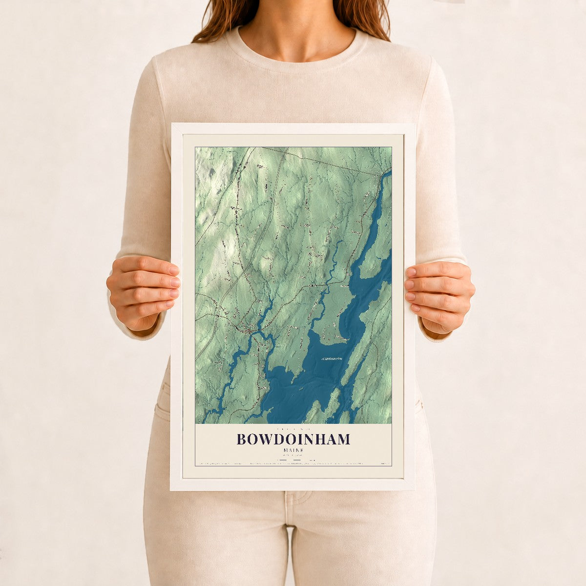 Bowdoinham, Maine map print - 12 x 18 white Ayous wood frame