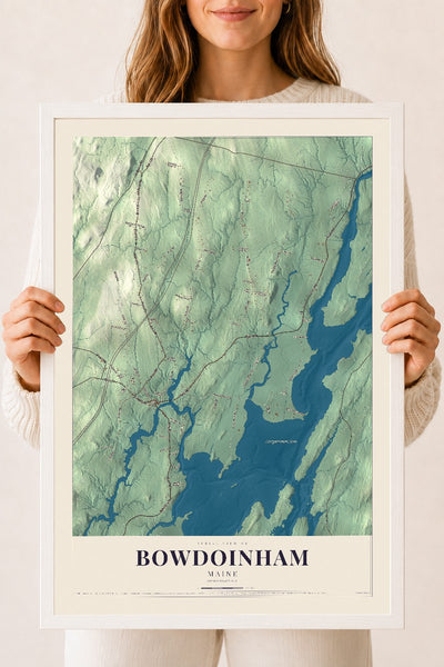 Bowdoinham, Maine map print - 18 x 24 white Ayous wood frame
