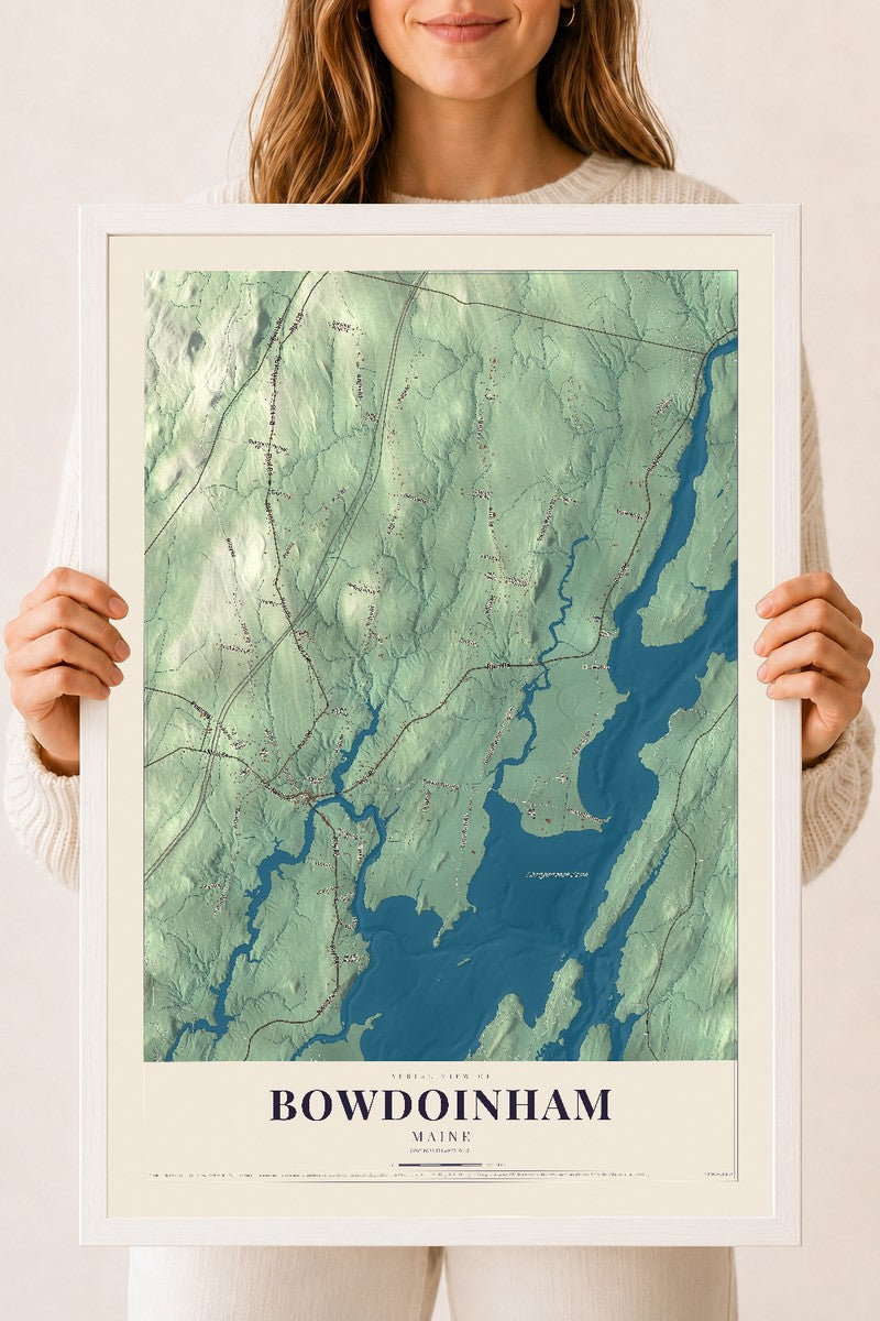 Bowdoinham, Maine map print - 18 x 24 white Ayous wood frame