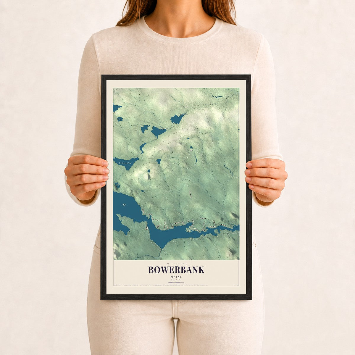 Bowerbank, Maine map print - 12 x 18 black Ayous wood frame