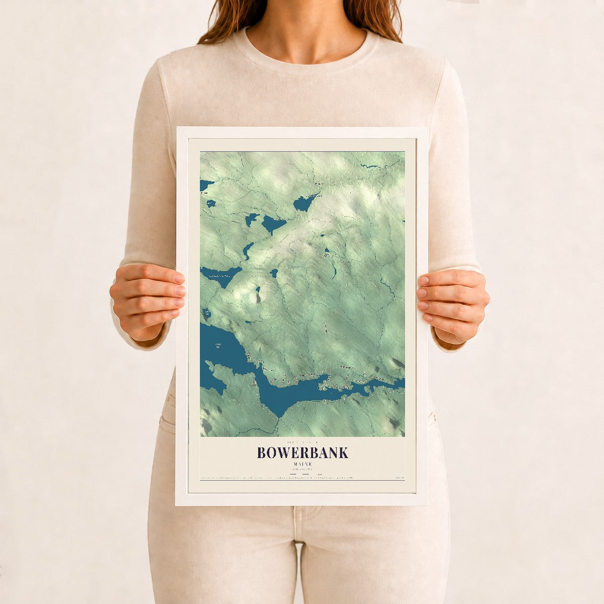 Bowerbank, Maine map print - 12 x 18 white Ayous wood frame