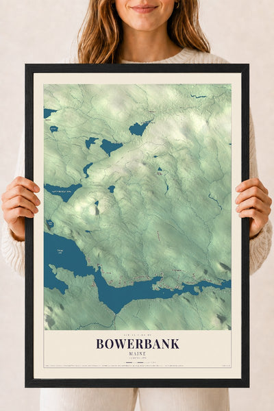 Bowerbank, Maine map print - 18 x 24 black Ayous wood frame