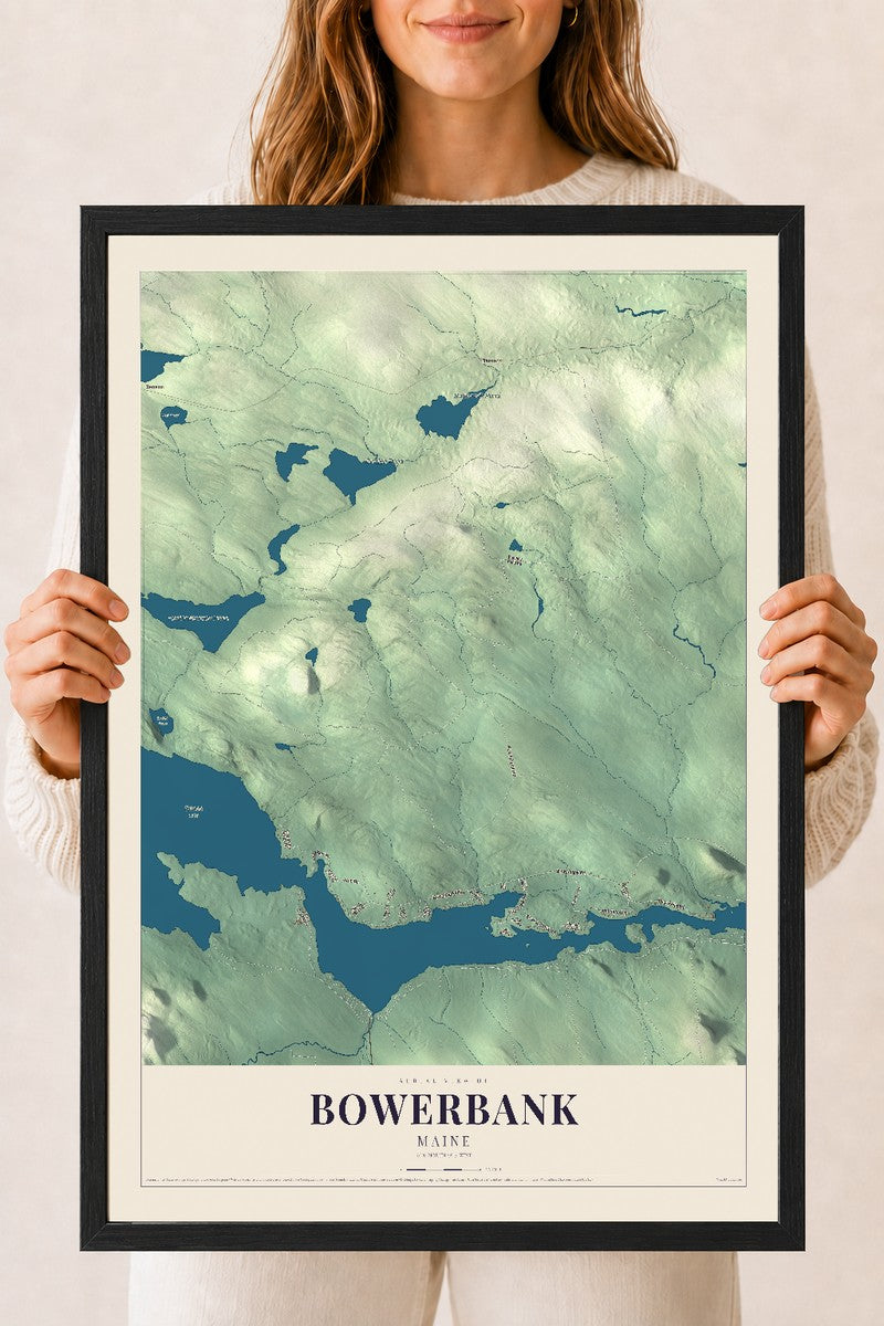 Bowerbank, Maine map print - 18 x 24 black Ayous wood frame