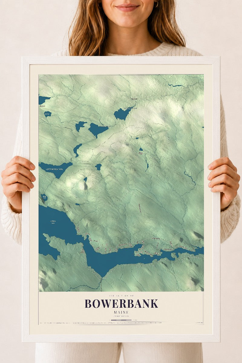 Bowerbank, Maine map print - 18 x 24 white Ayous wood frame