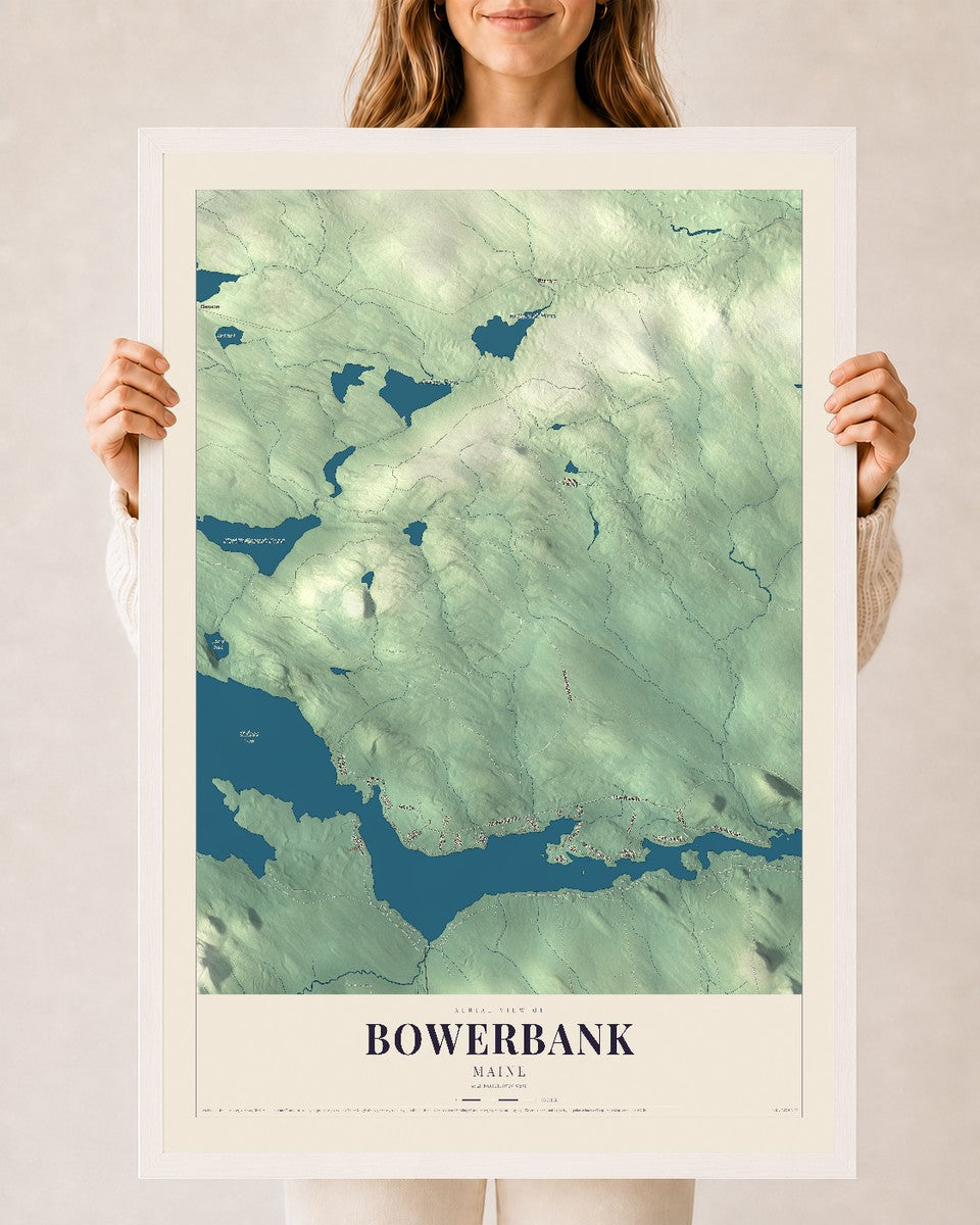 Bowerbank, Maine map print - 24 x 36 white Ayous wood frame
