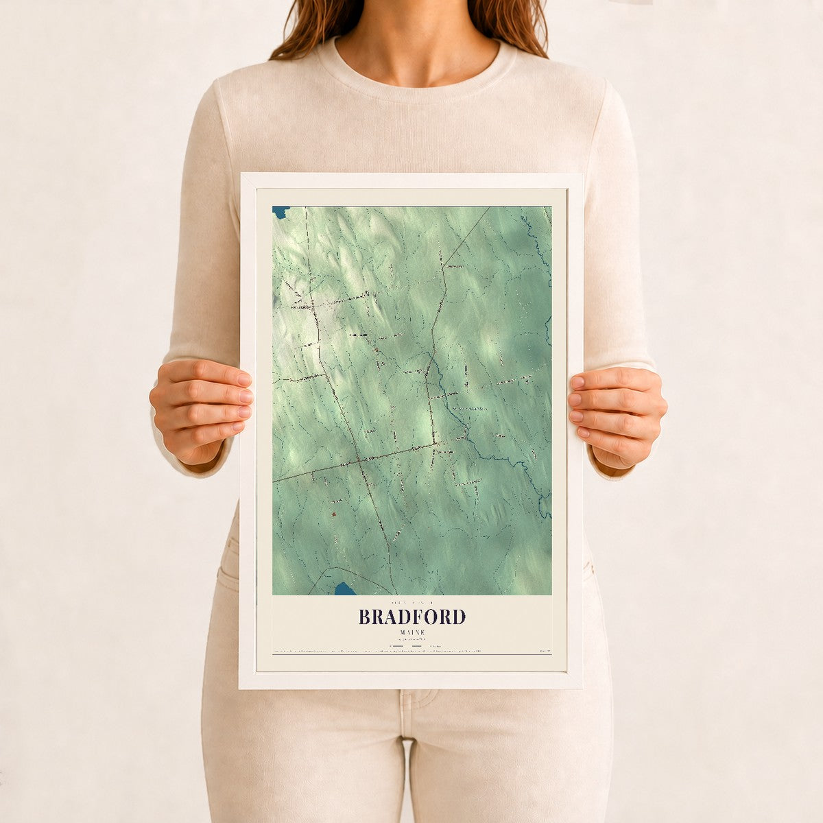 Bradford, Maine map print - 12 x 18 white Ayous wood frame
