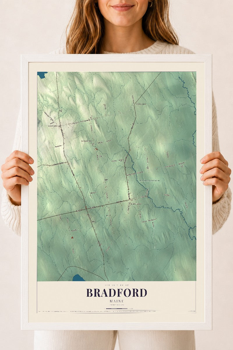 Bradford, Maine map print - 18 x 24 white Ayous wood frame