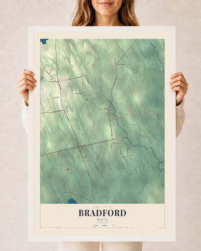 Bradford, Maine map print - 24 x 36 white Ayous wood frame