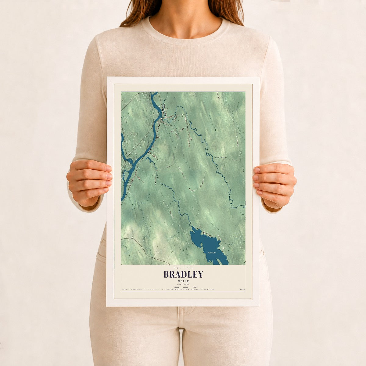 Bradley, Maine map print - 12 x 18 white Ayous wood frame