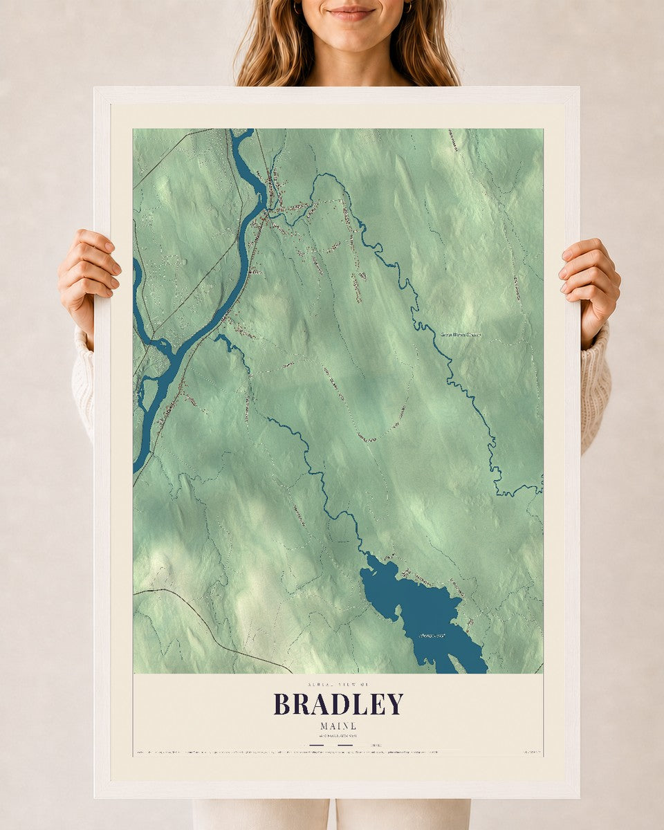 Bradley, Maine map print - 24 x 36 white Ayous wood frame