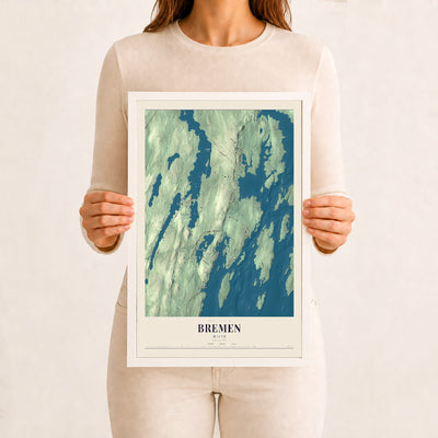 Bremen, Maine map print - 12 x 18 white Ayous wood frame