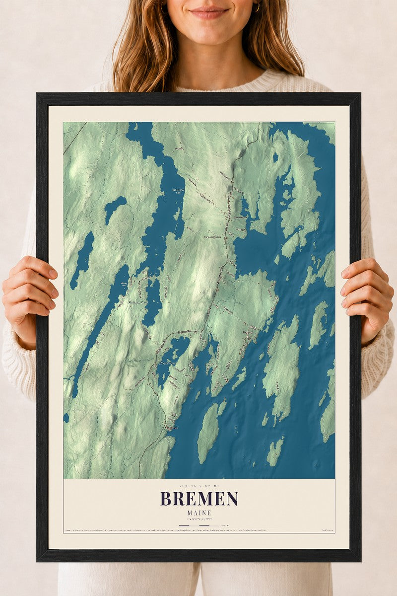 Bremen, Maine map print - 18 x 24 black Ayous wood frame