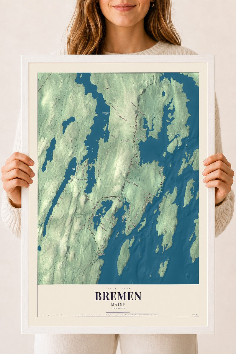 Bremen, Maine map print - 18 x 24 white Ayous wood frame