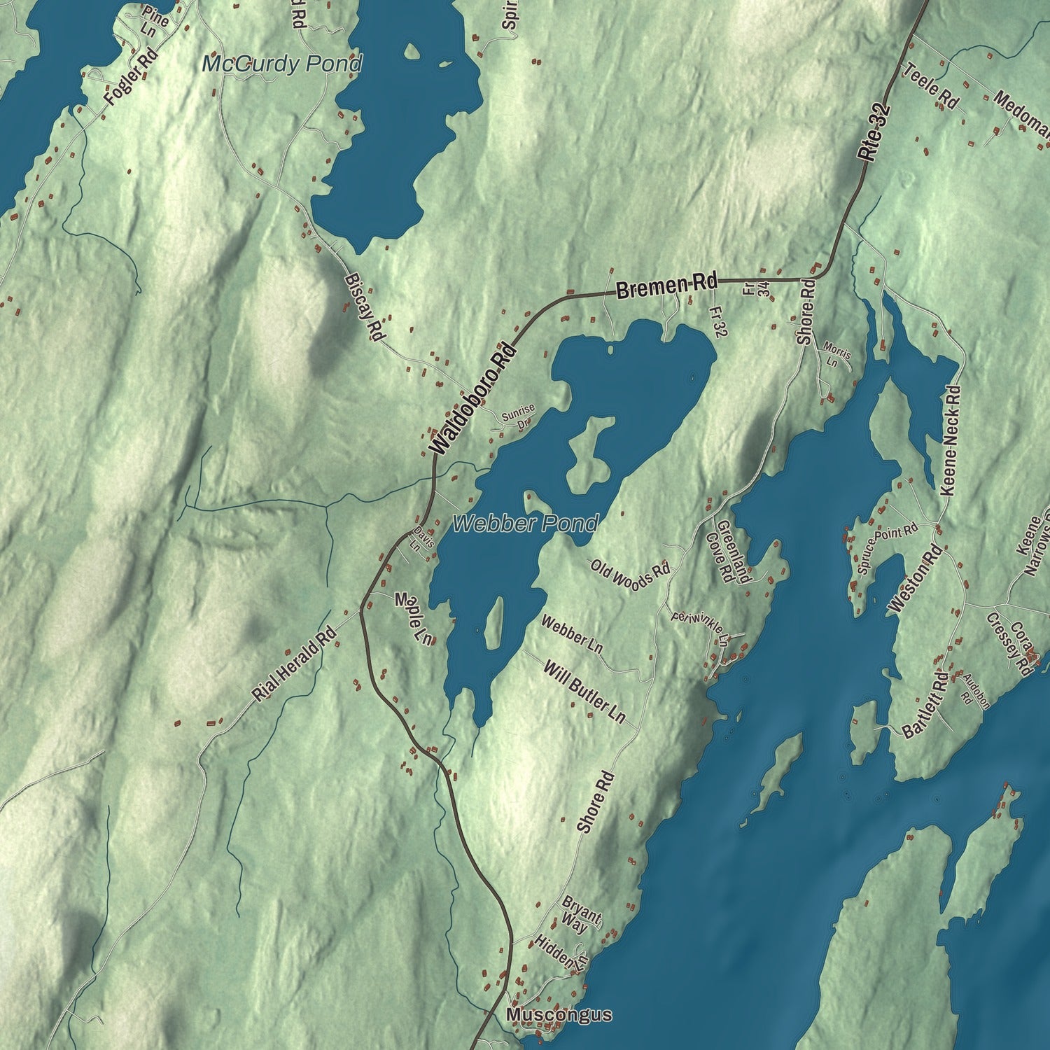 Terrain and local geography detail from the Bremen, Maine map