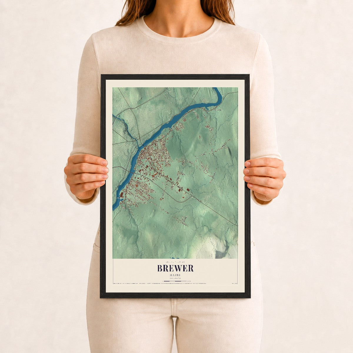 Brewer, Maine map print - 12 x 18 black Ayous wood frame
