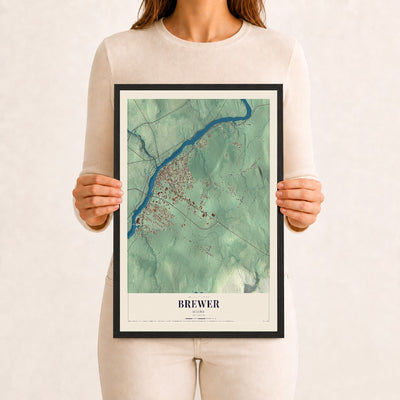 Brewer, Maine map print - 12 x 18 black Ayous wood frame