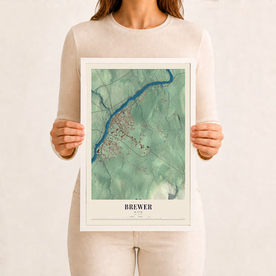 Brewer, Maine map print - 12 x 18 white Ayous wood frame