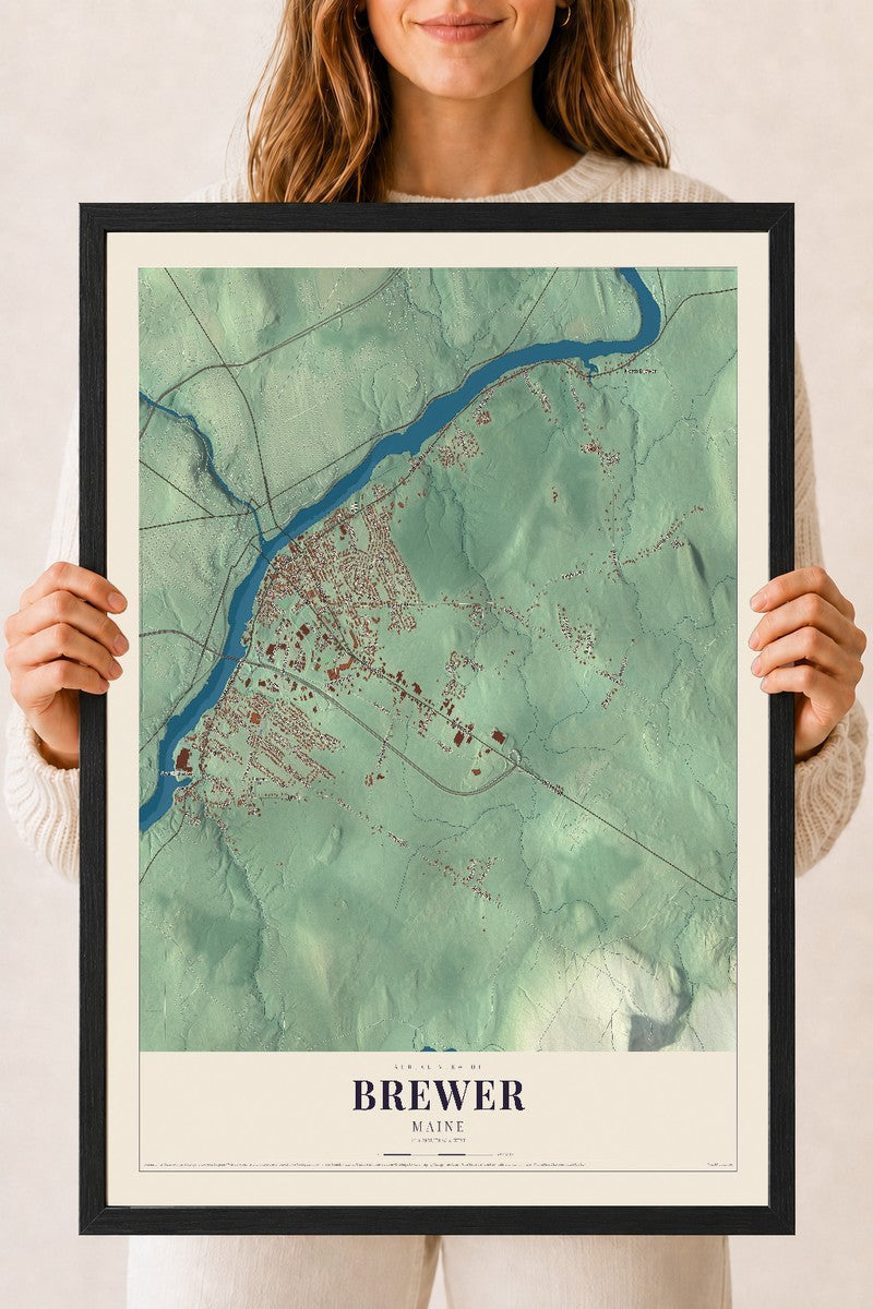 Brewer, Maine map print - 18 x 24 black Ayous wood frame