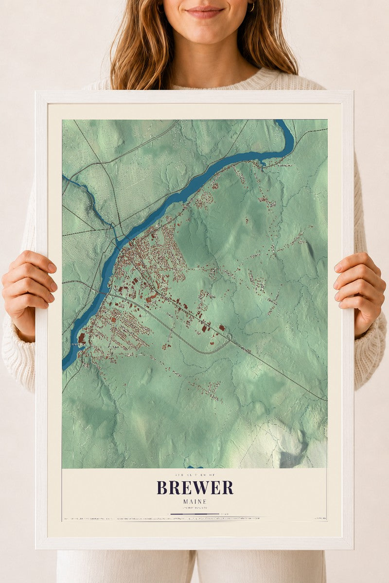 Brewer, Maine map print - 18 x 24 white Ayous wood frame
