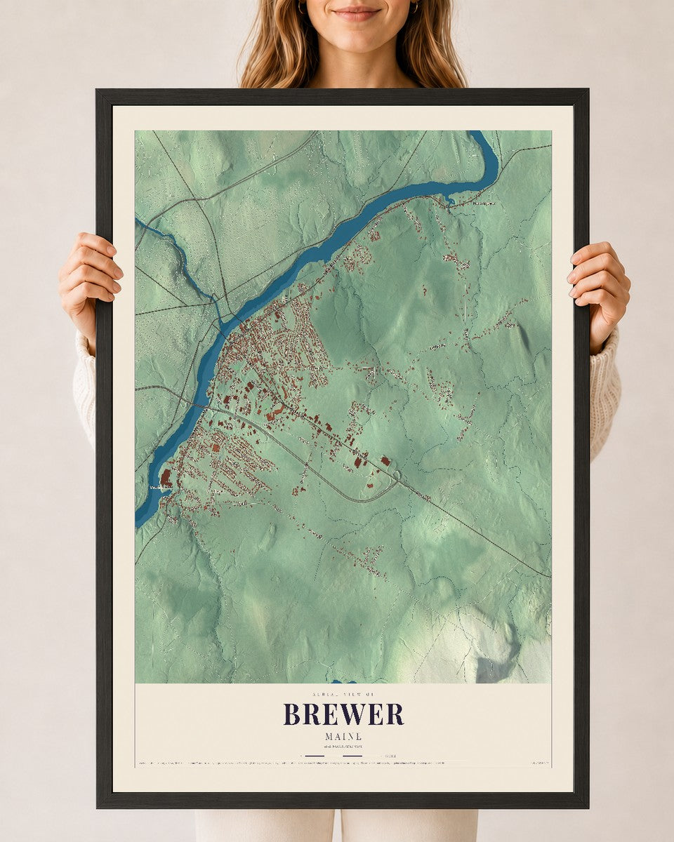 Brewer, Maine map print - 24 x 36 black Ayous wood frame