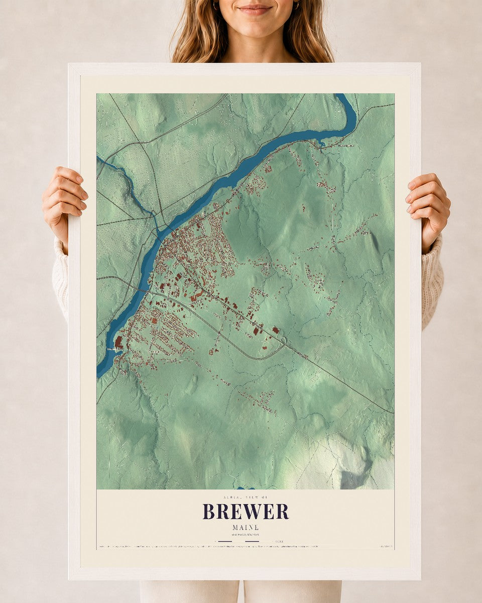 Brewer, Maine map print - 24 x 36 white Ayous wood frame