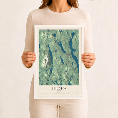 Bridgton, Maine map print - 12 x 18 white Ayous wood frame