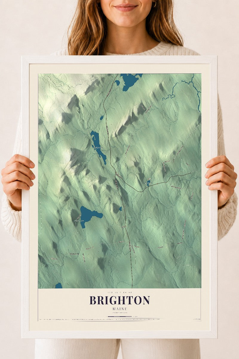 Brighton, Maine map print - 18 x 24 white Ayous wood frame