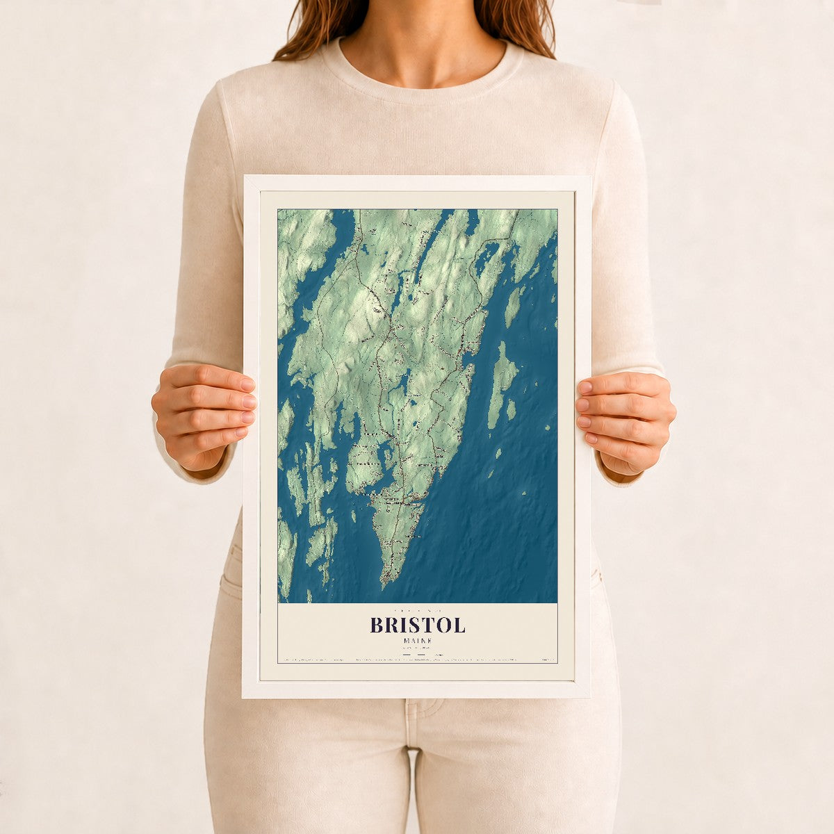 Bristol, Maine map print - 12 x 18 white Ayous wood frame
