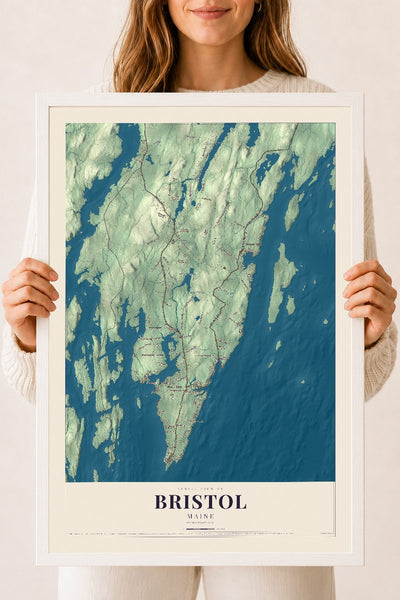 Bristol, Maine map print - 18 x 24 white Ayous wood frame