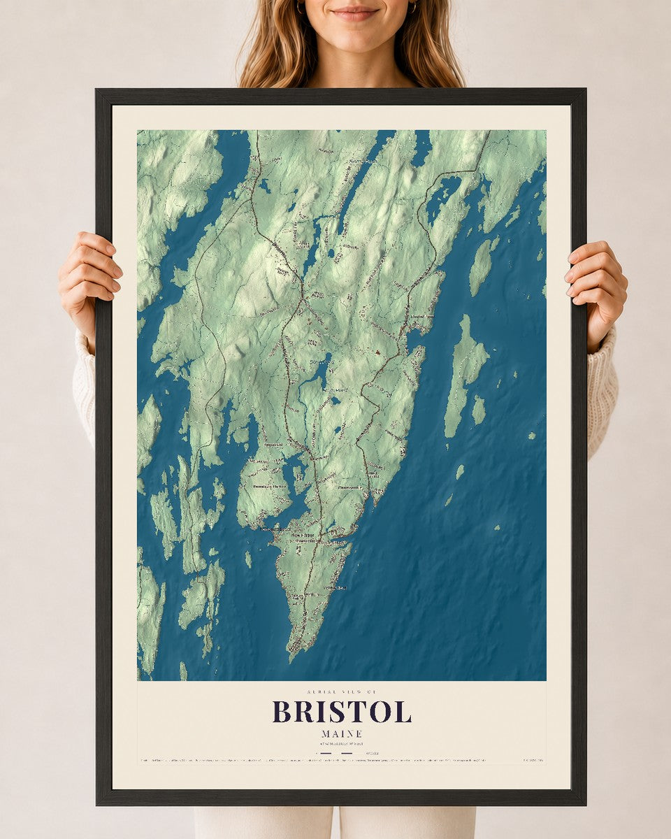 Bristol, Maine map print - 24 x 36 black Ayous wood frame