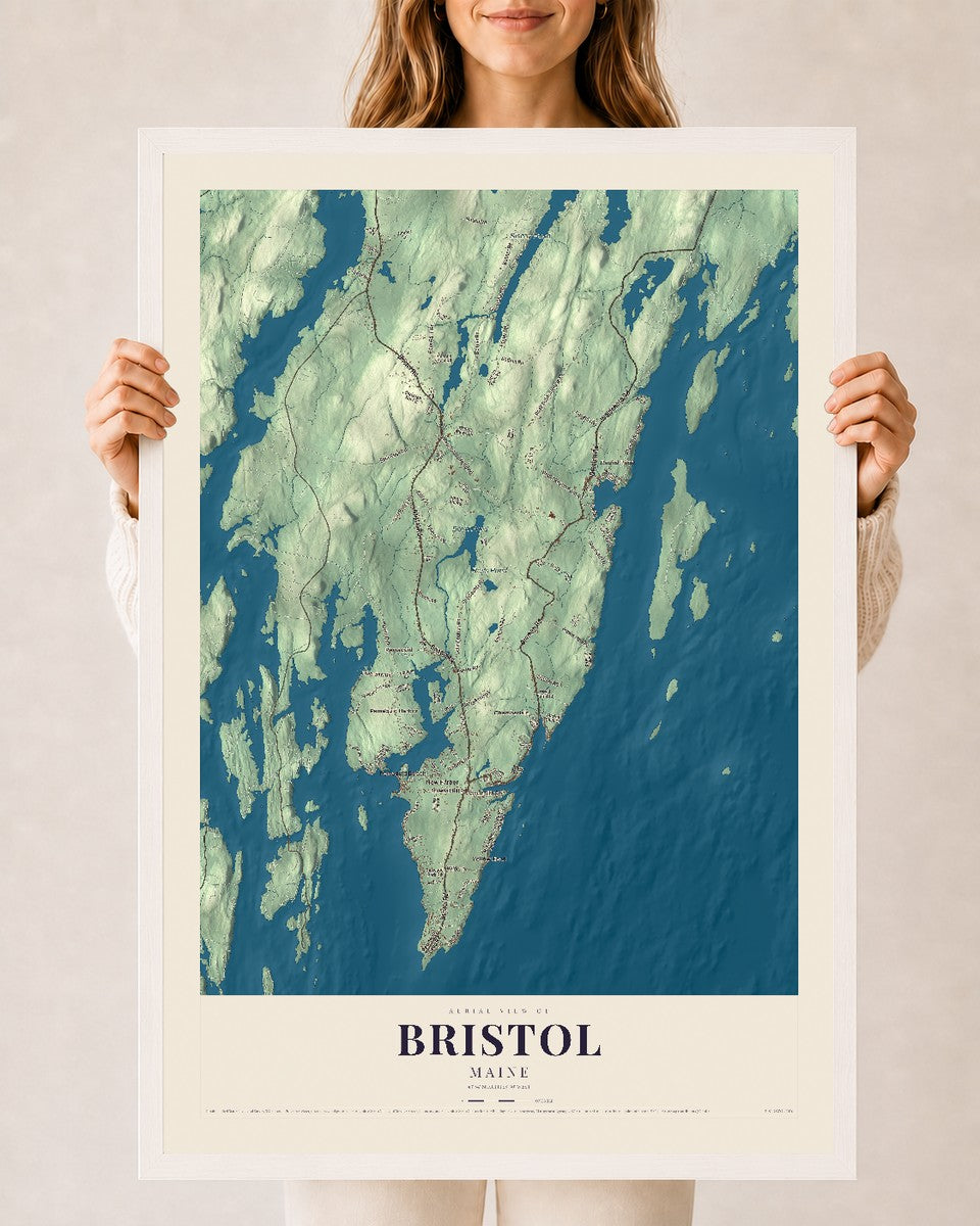 Bristol, Maine map print - 24 x 36 white Ayous wood frame