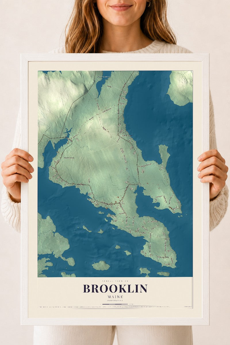 Brooklin, Maine map print - 18 x 24 white Ayous wood frame