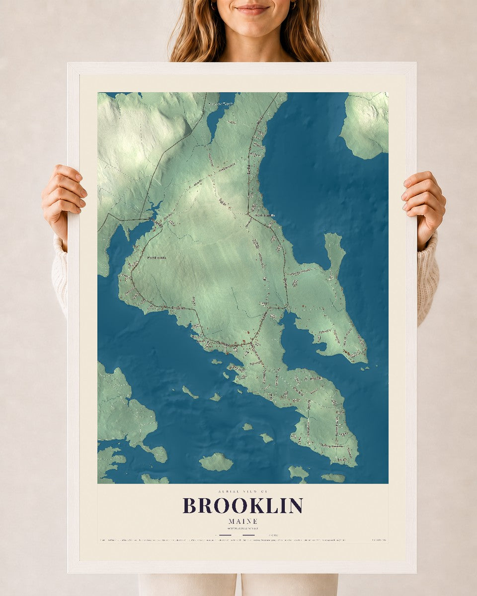 Brooklin, Maine map print - 24 x 36 white Ayous wood frame