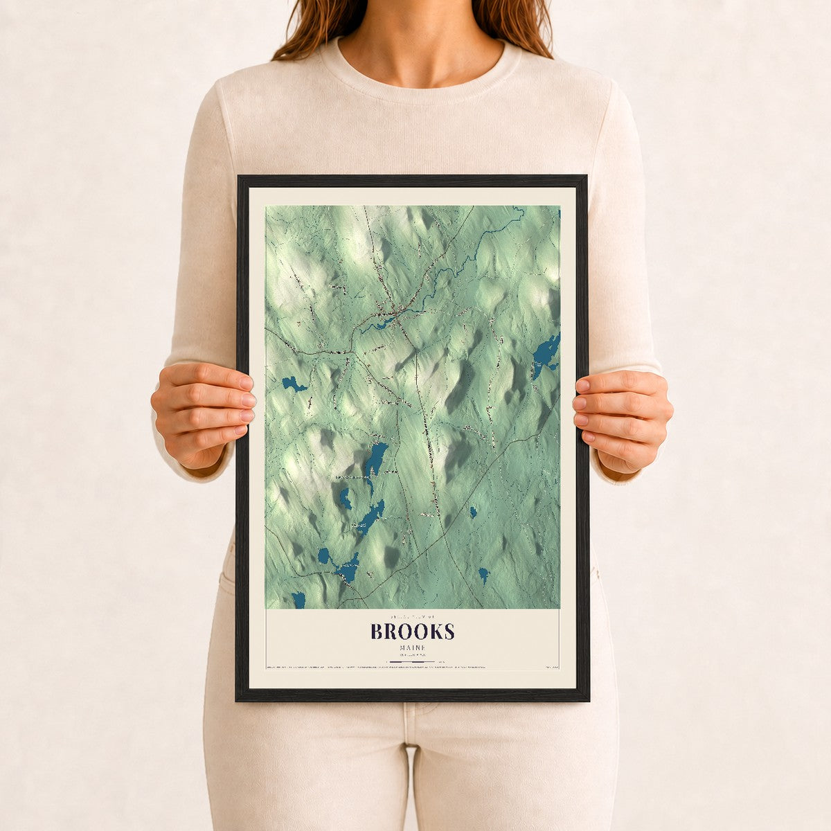Brooks, Maine map print - 12 x 18 black Ayous wood frame