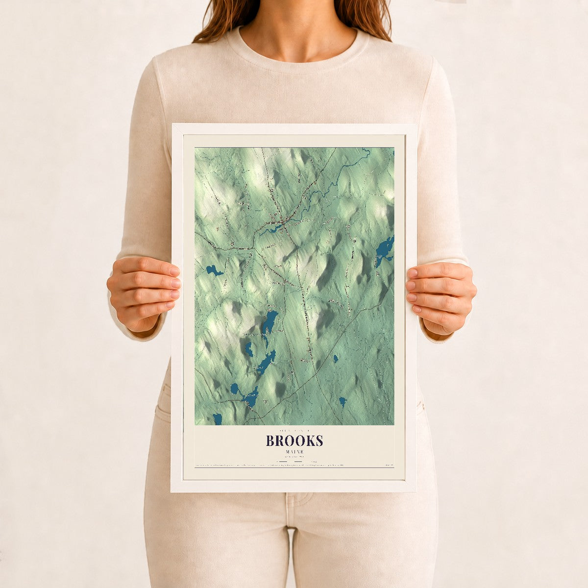Brooks, Maine map print - 12 x 18 white Ayous wood frame