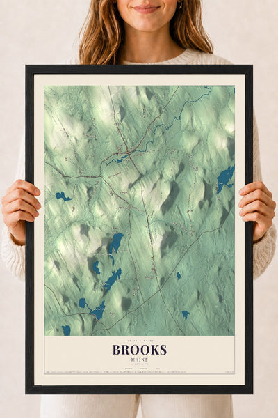 Brooks, Maine map print - 18 x 24 black Ayous wood frame
