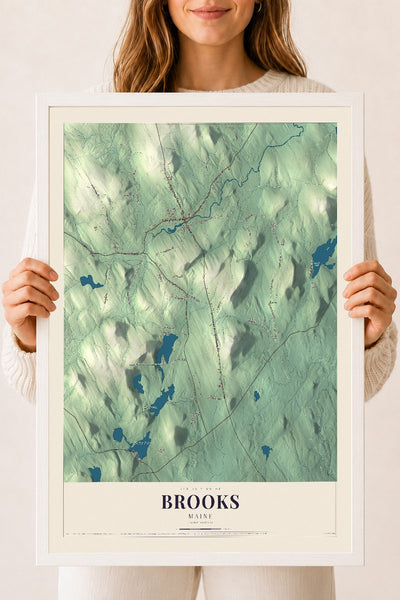 Brooks, Maine map print - 18 x 24 white Ayous wood frame