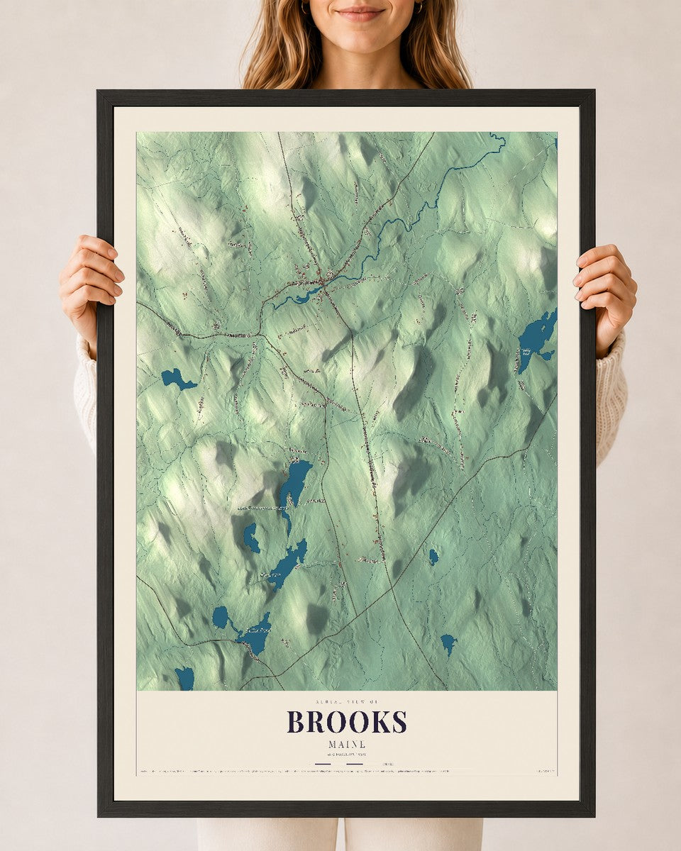 Brooks, Maine map print - 24 x 36 black Ayous wood frame