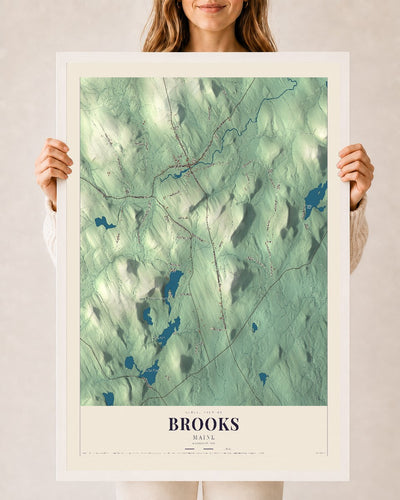 Brooks, Maine map print - 24 x 36 white Ayous wood frame
