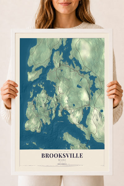 Brooksville, Maine map print - 18 x 24 white Ayous wood frame