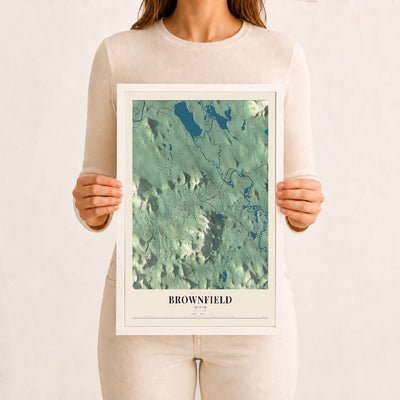 Brownfield, Maine map print - 12 x 18 white Ayous wood frame