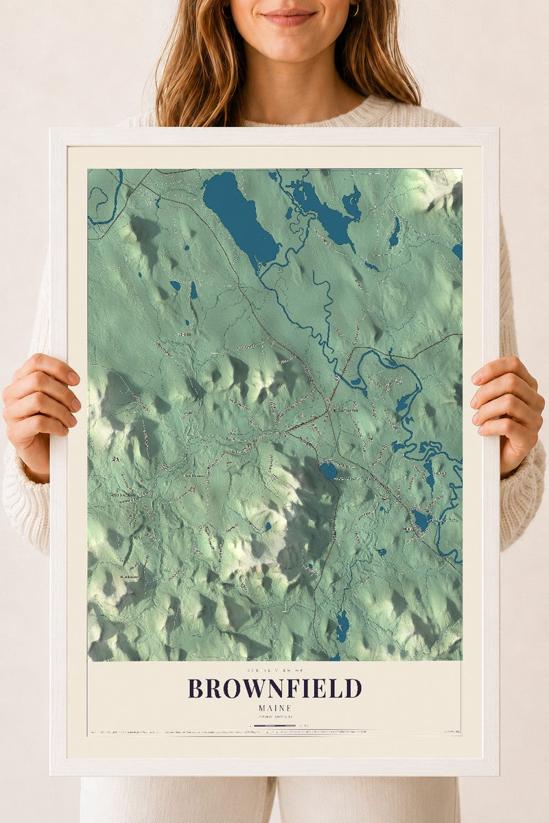 Brownfield, Maine map print - 18 x 24 white Ayous wood frame