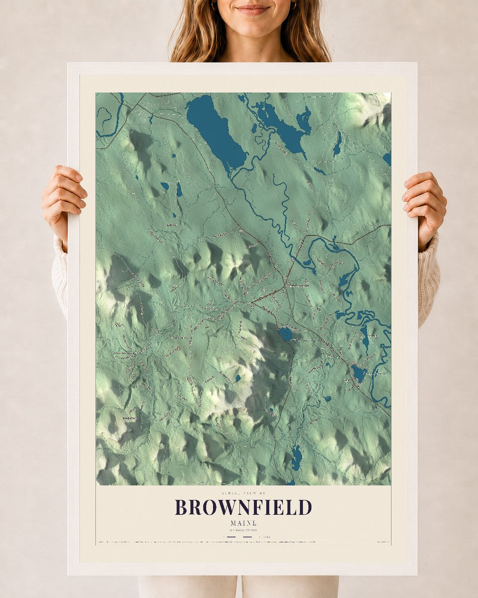 Brownfield, Maine map print - 24 x 36 white Ayous wood frame