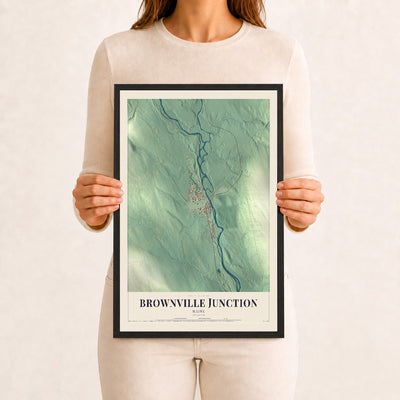 Brownville Junction, Maine map print - 12 x 18 black Ayous wood frame
