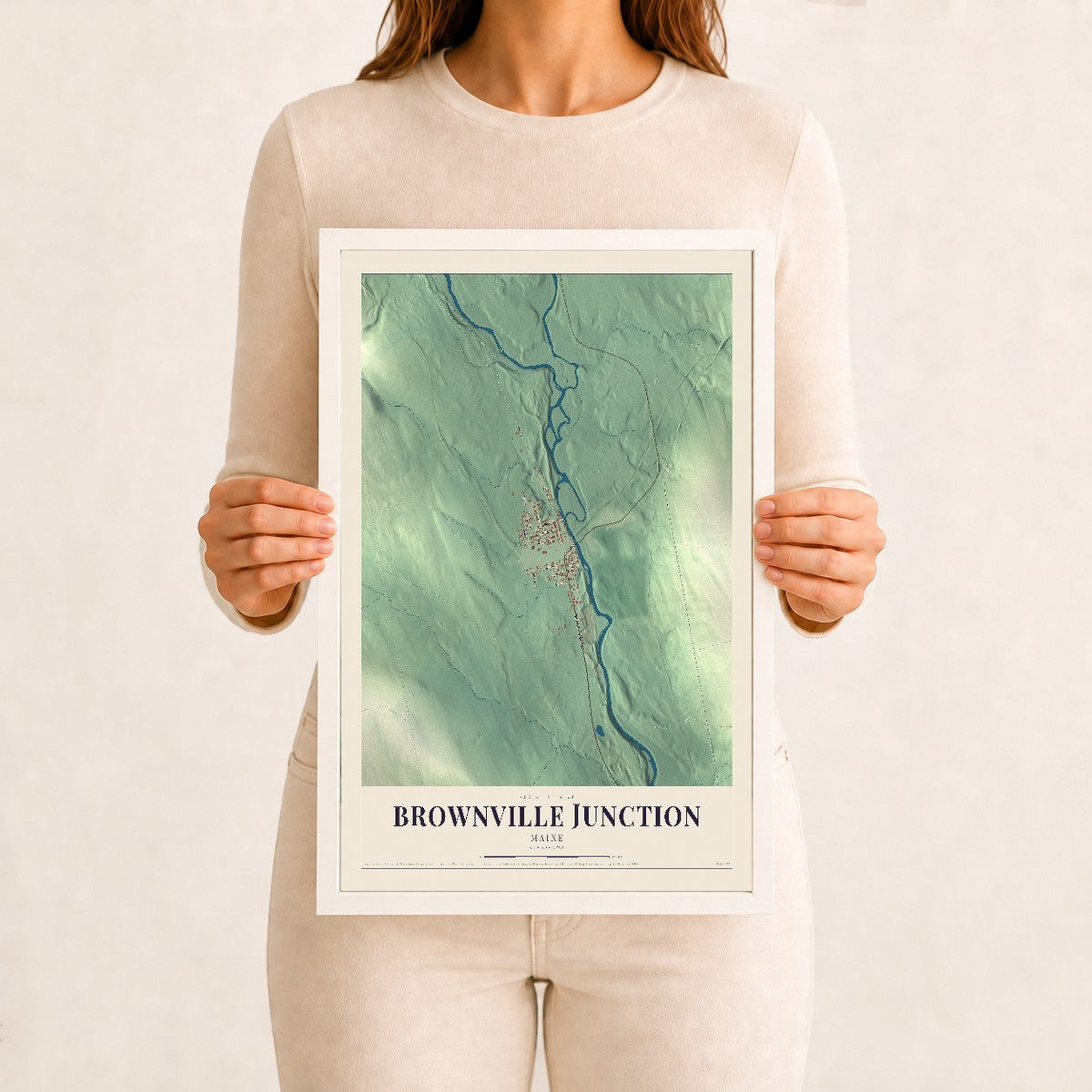 Brownville Junction, Maine map print - 12 x 18 white Ayous wood frame