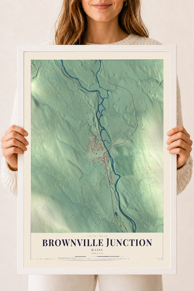 Brownville Junction, Maine map print - 18 x 24 white Ayous wood frame