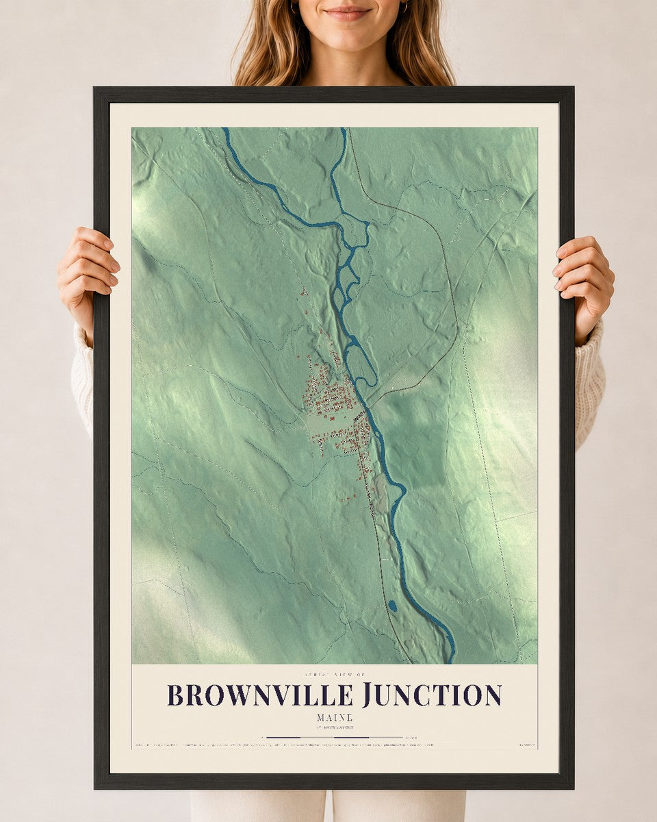 Brownville Junction, Maine map print - 24 x 36 black Ayous wood frame